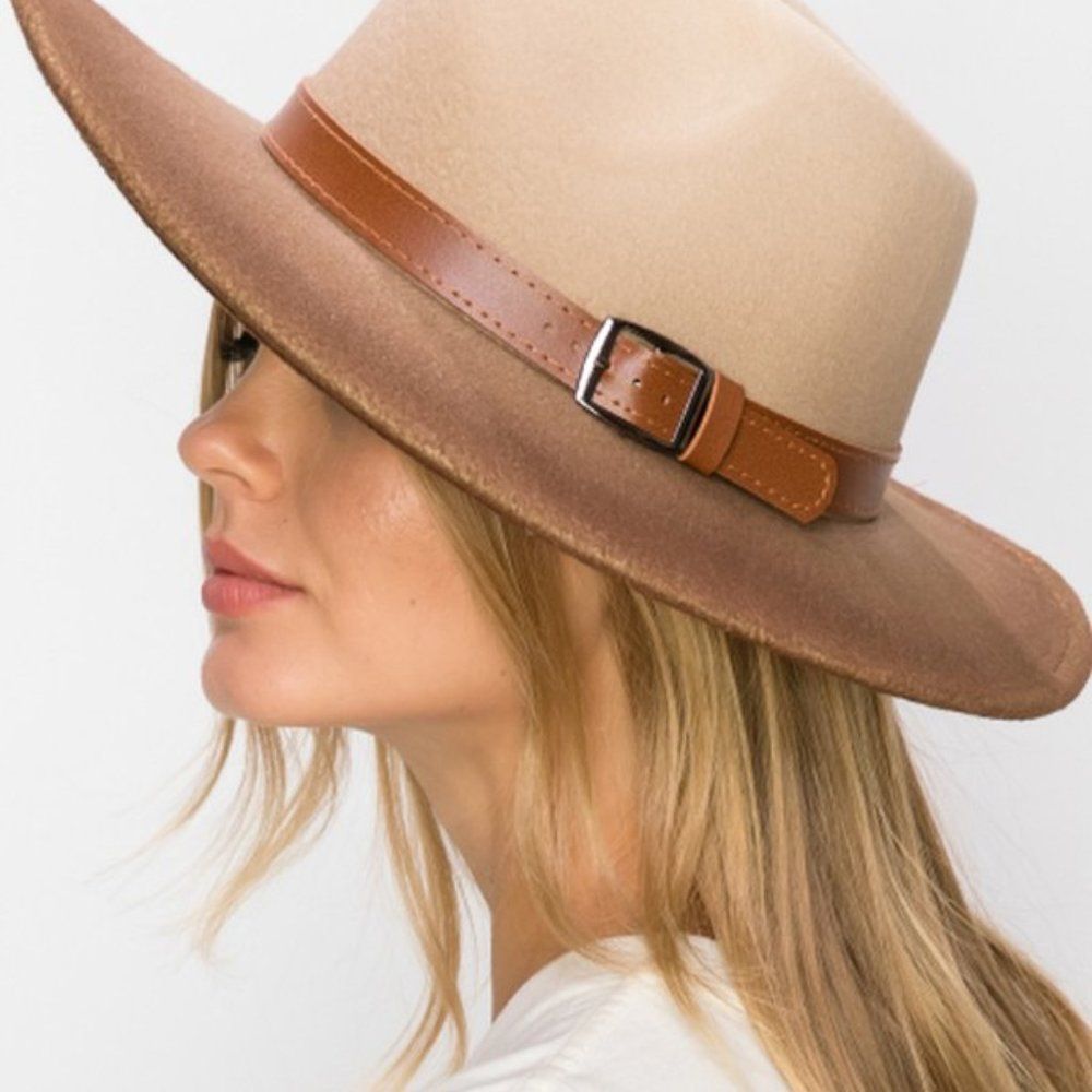 Wide Brim Brown Hombre Fedora Hat w/ Accent Buckle